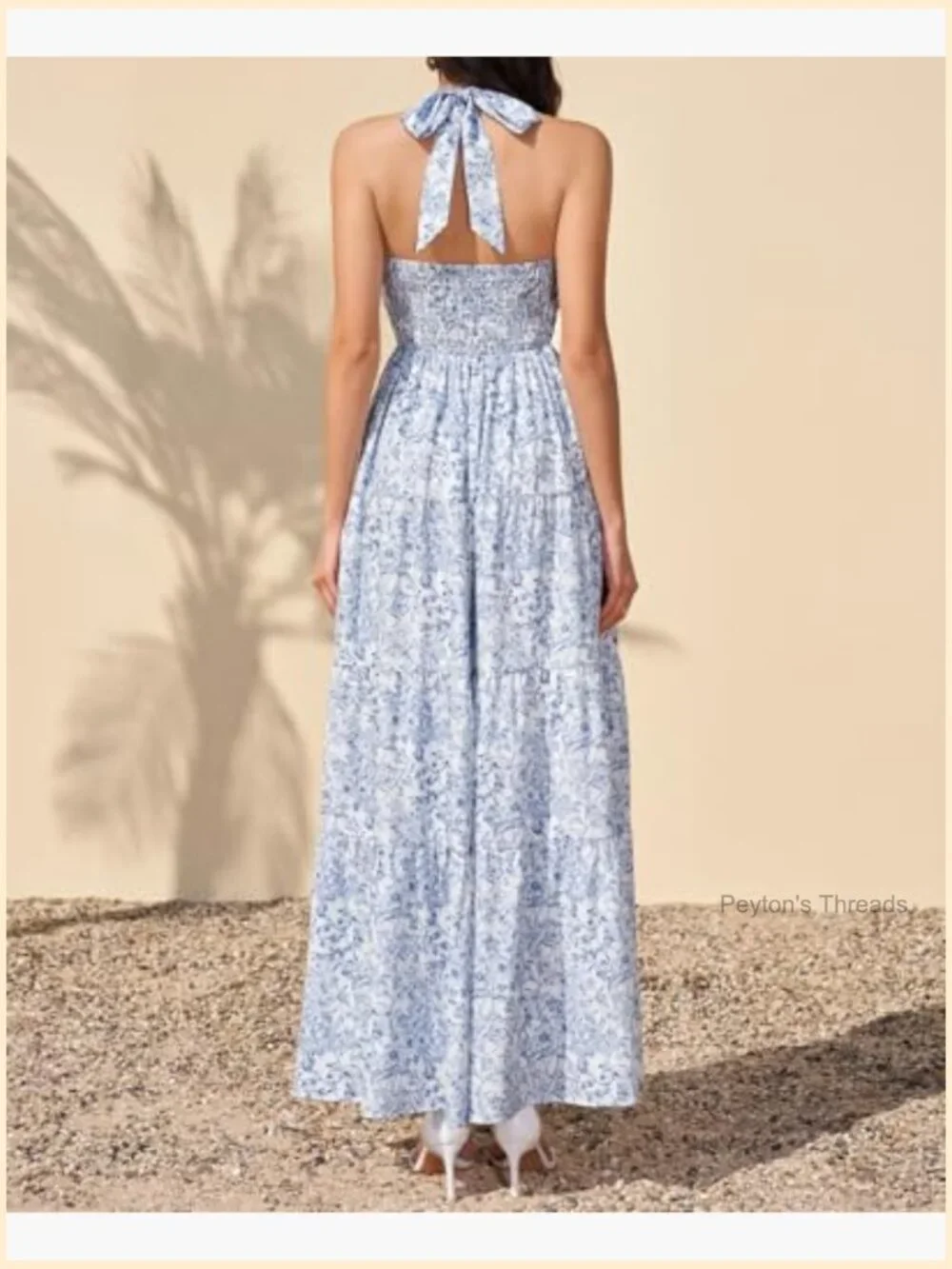 Halter Boho Maxi Dress with Floral Print - A-Line Flowy Tiered for Wedding - Picture 2 of 6
